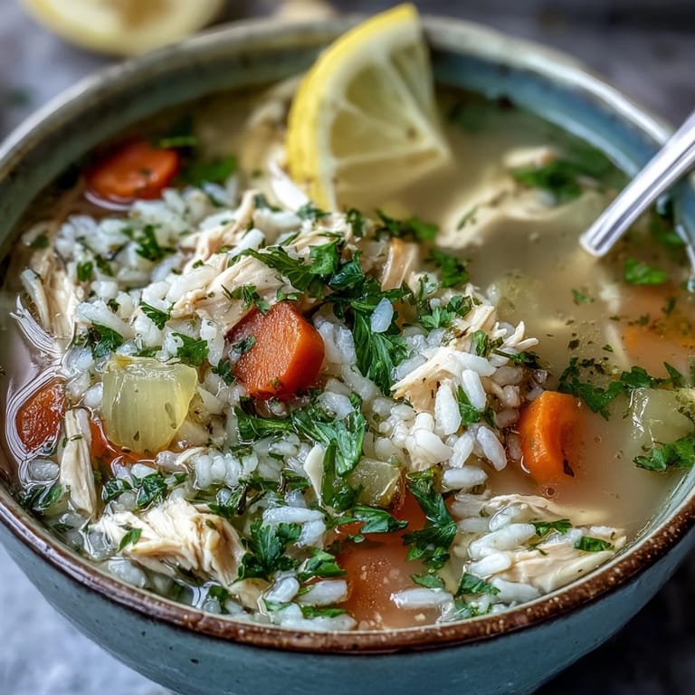 Hearty Cozy Winter Chicken and Rice Soup served in a rustic bowl with fresh parsley garnish.