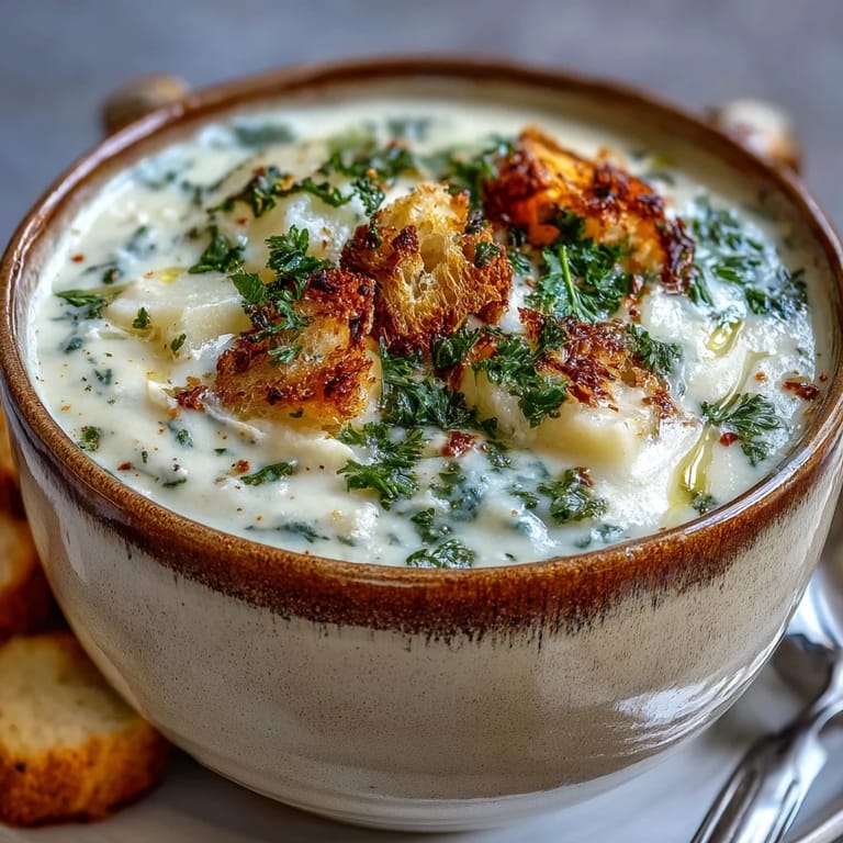 Steamy garlic and herb soup topped with grated Parmesan and served with croutons.
