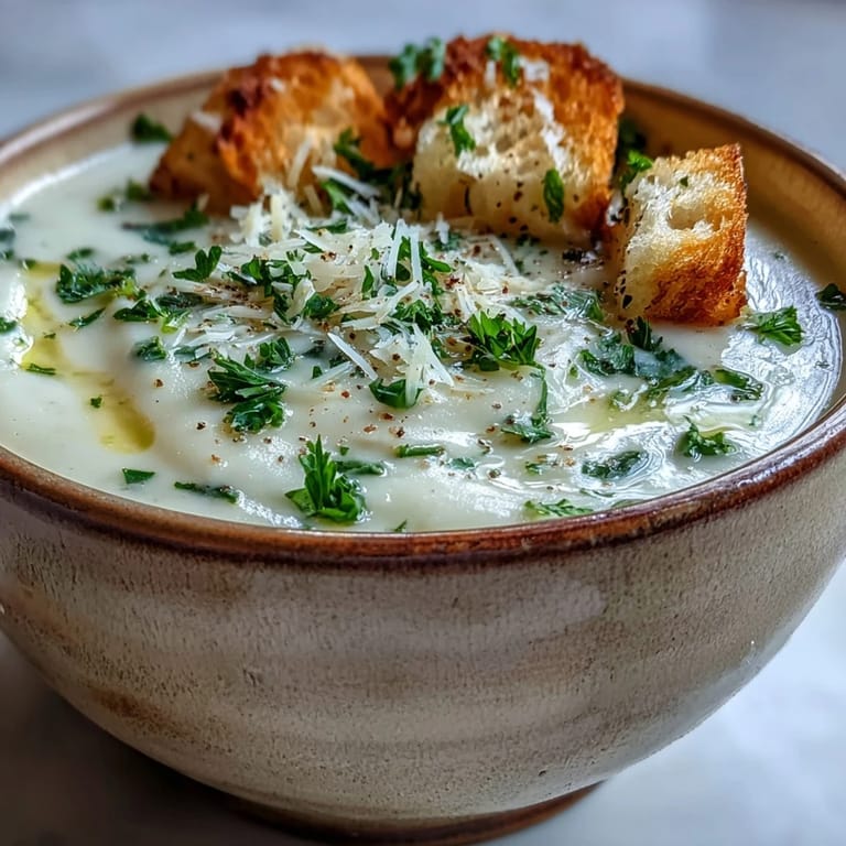 A bowl of garlic and herb soup garnished with fresh thyme and chives. 