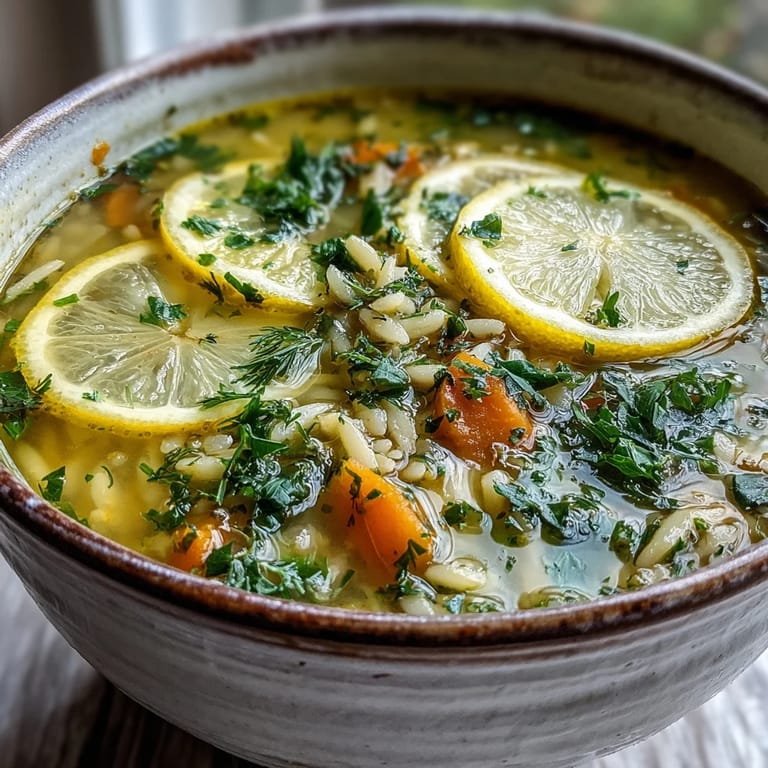 Spoon dipping into a bright green bowl of Lemon Herb Soup, revealing tender vegetables.