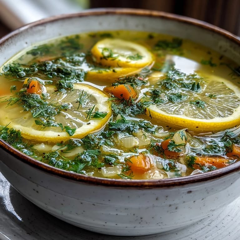 Lemon Herb Soup served hot with crusty bread, perfect for a light Mediterranean lunch.