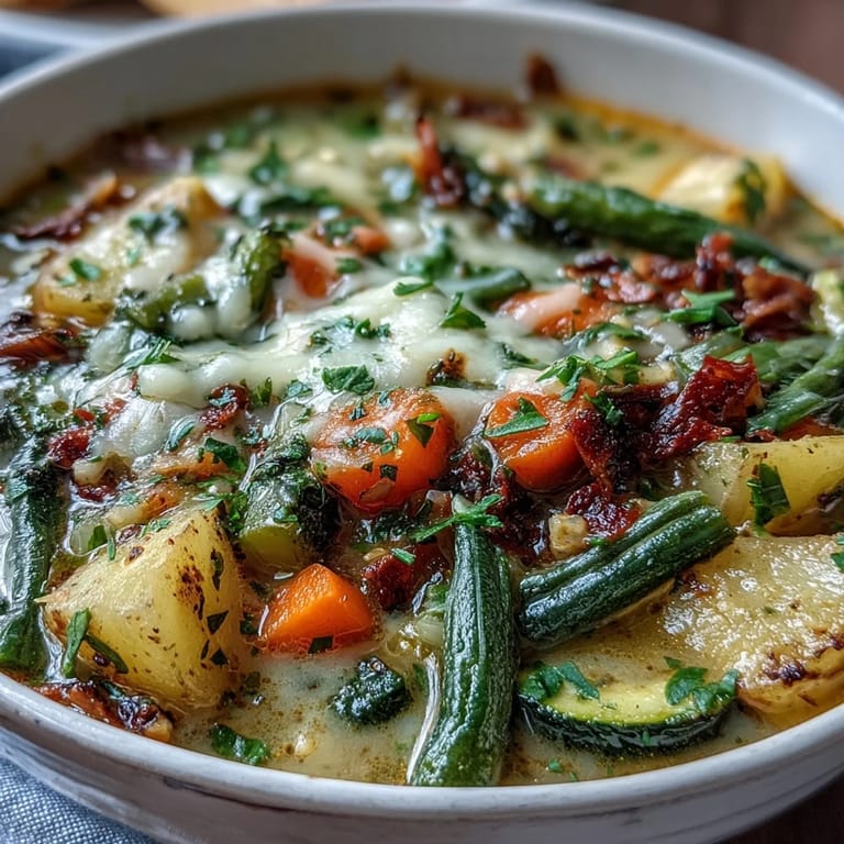 A comforting pot of homemade Parmesan Veggie Soup, featuring diced potatoes and tomatoes in a rich broth.