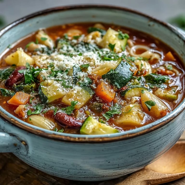 Enjoy a comforting ladle of Vegetable Minestrone alongside crusty artisan bread for dipping, perfect for a cozy dinner.