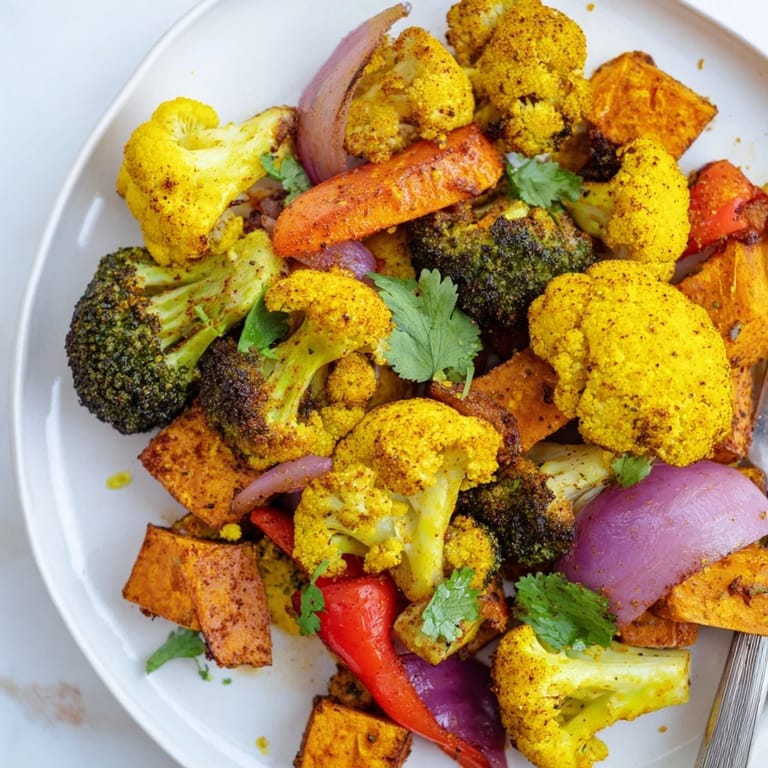 Serving suggestion for Anti-Inflammatory Turmeric Roasted Vegetables as a colorful side dish over fluffy quinoa.