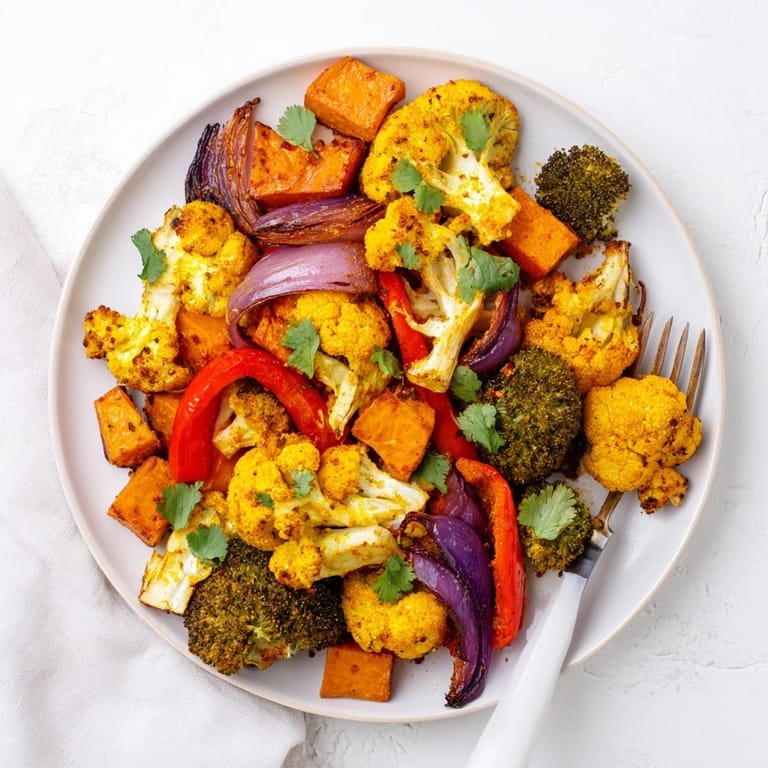 Close-up of Anti-Inflammatory Turmeric Roasted Vegetables with fresh cilantro and lemon wedges on a rustic plate.