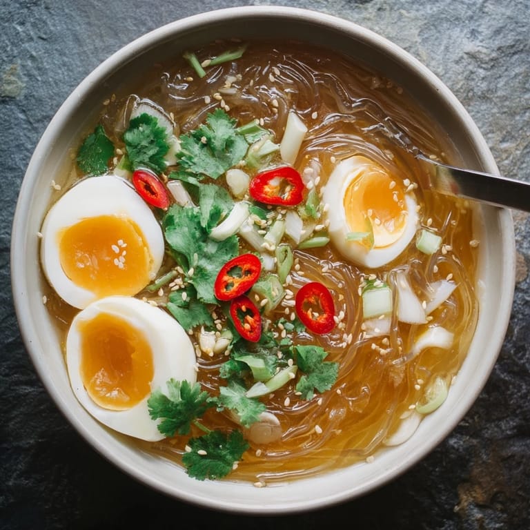 Shirataki Noodles With Broth served steaming in a deep bowl, garnished with spring onions and sesame seeds beside chopsticks.