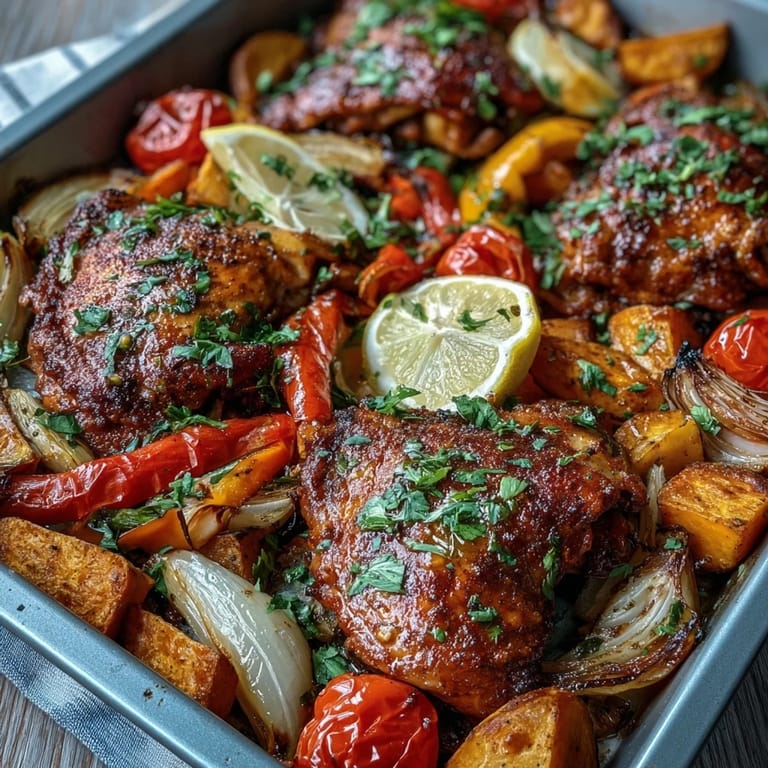 Fresh cherry tomatoes burst over a hearty Chicken and Sweet Potato Traybake, garnished with herbs and lemon wedges for a bright Mediterranean finish.