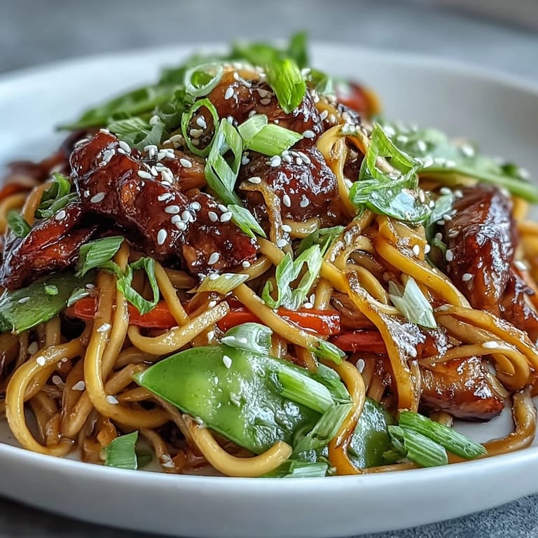 Steam rises from a plate of savory Pork Noodle Stir-Fry, garnished with fresh coriander and sliced green onions for a flavorful weeknight dinner.