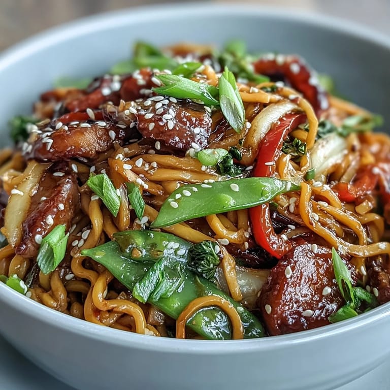Colorful julienned carrots and peppers mix with glazed noodles in this Pork Noodle Stir-Fry, served beside a light lager or Riesling.