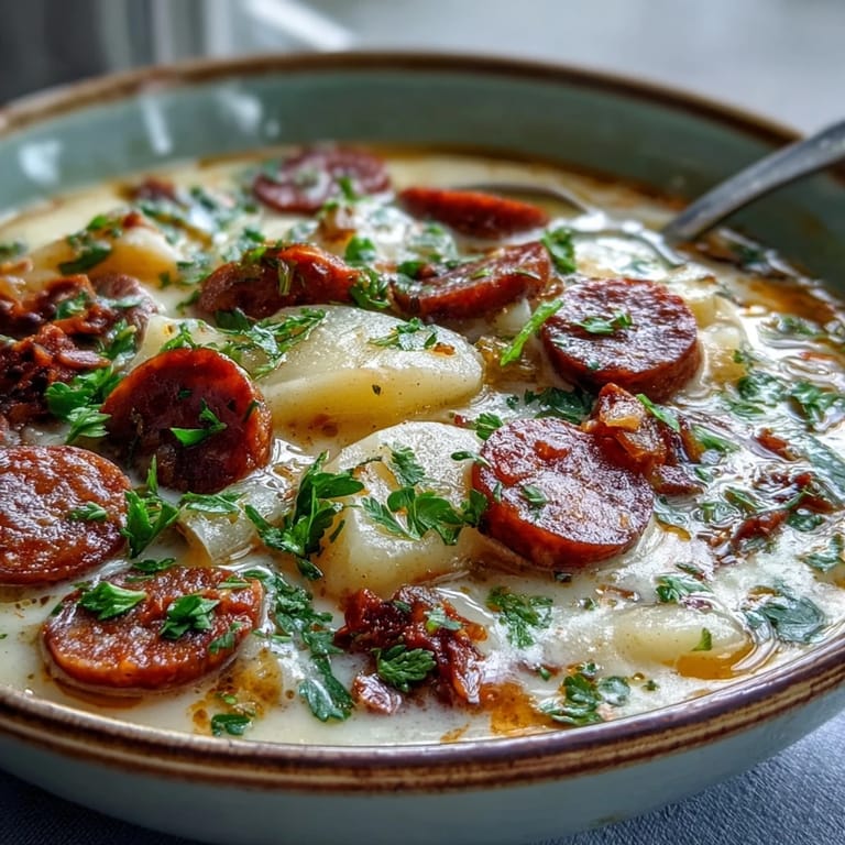 A bowl of hearty Potato, Leek and Chorizo Soup topped with crispy chorizo slices and sliced green onions, ready to enjoy hot.