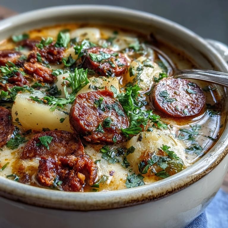 Close-up of a ladle serving Potato, Leek and Chorizo Soup into a bowl, showing chunks of tender potato and vibrant leeks.