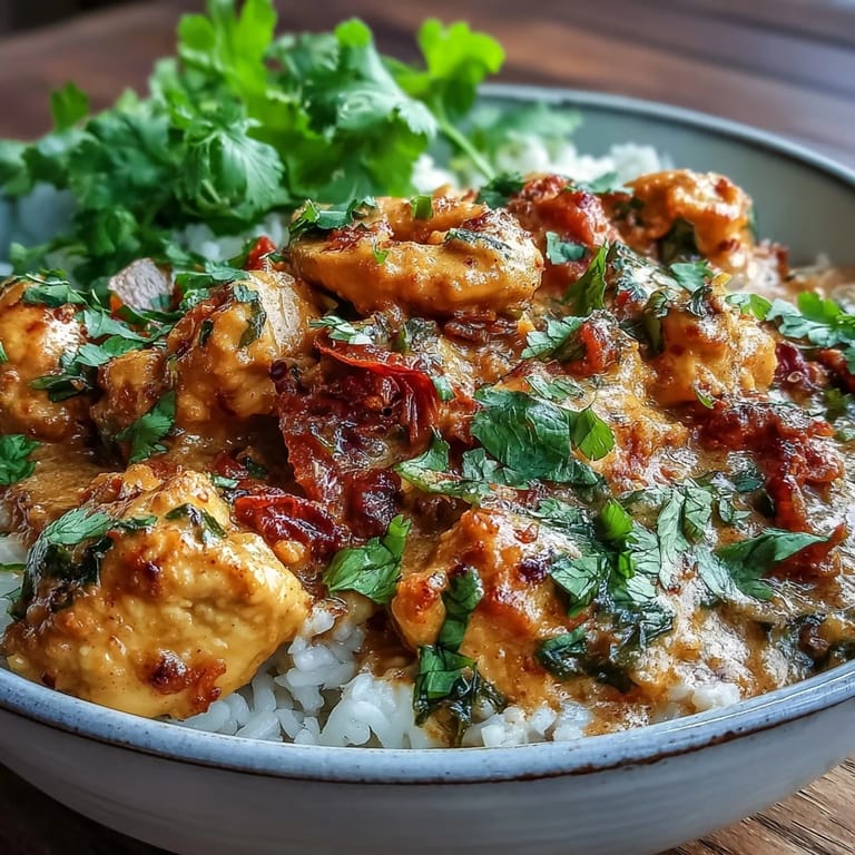 Ready-to-serve Easy Chicken Curry garnished with cilantro, paired with fluffy basmati rice and warm naan bread.