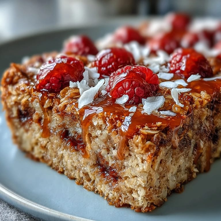 Warm Baked Oatmeal with Raspberry and Coconut served in a dish with a splash of almond milk.