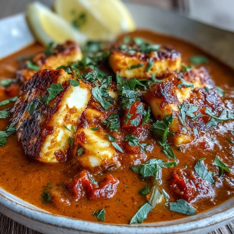 Golden halloumi cubes simmer in a vibrant tomato coconut curry, paired with fluffy basmati rice and fresh cilantro garnish.