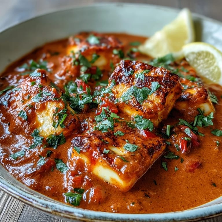 Tender red bell peppers and golden halloumi in a rich tomato curry sauce, served with a squeeze of lemon.