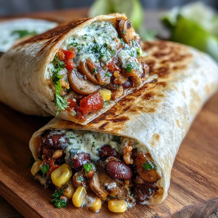 A close-up of a hearty vegetarian burrito stuffed with seasoned vegetables, cilantro, and avocado slices, ready to be enjoyed.