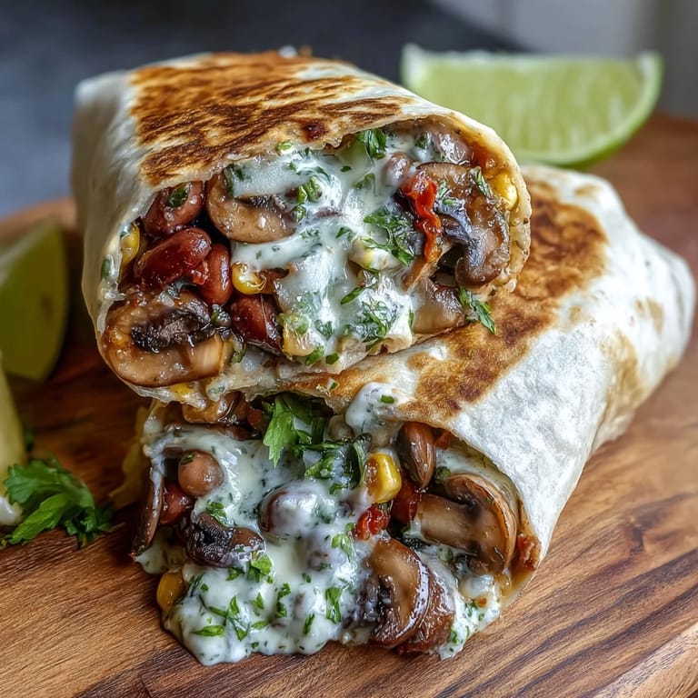 Freshly rolled Veggie Burritos with colorful fillings, garnished with lime wedges and a side of salsa on a rustic table.