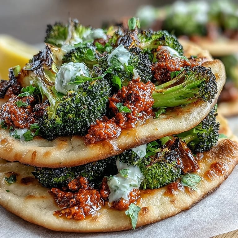 Golden Harissa Broccoli and Flatbreads with lemon wedges and a dollop of yogurt for a spicy weeknight meal.