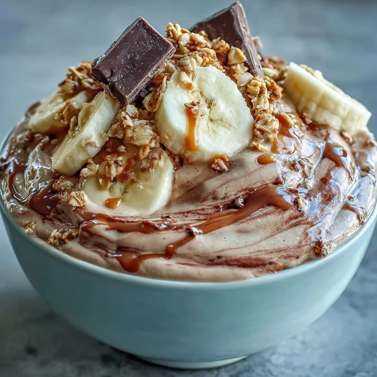Thick, frosty Chocolate Peanut Butter Smoothie Bowl served in a white bowl with peanut butter drizzle and fresh banana slices.
