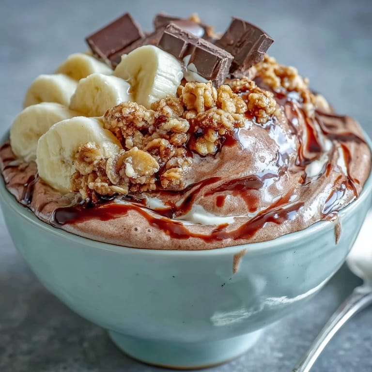 Healthy breakfast idea: Chocolate Peanut Butter Smoothie Bowl with Greek yogurt base, topped with granola and dark chocolate for added crunch.
