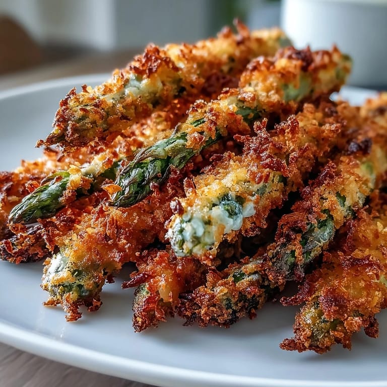 Freshly baked Crispy Asparagus Asiago Spears with golden crumbs and shaved Asiago, served warm as an appetizer or side dish.