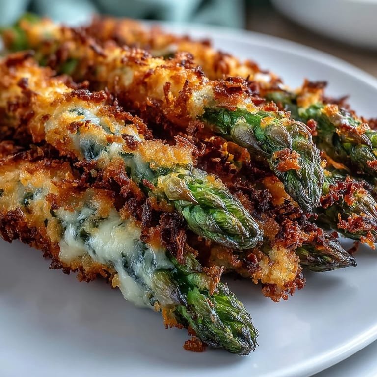 Oven-roasted Crispy Asparagus Asiago Spears on a platter with lemon wedges, a creamy dip, and a sprinkle of smoked paprika.