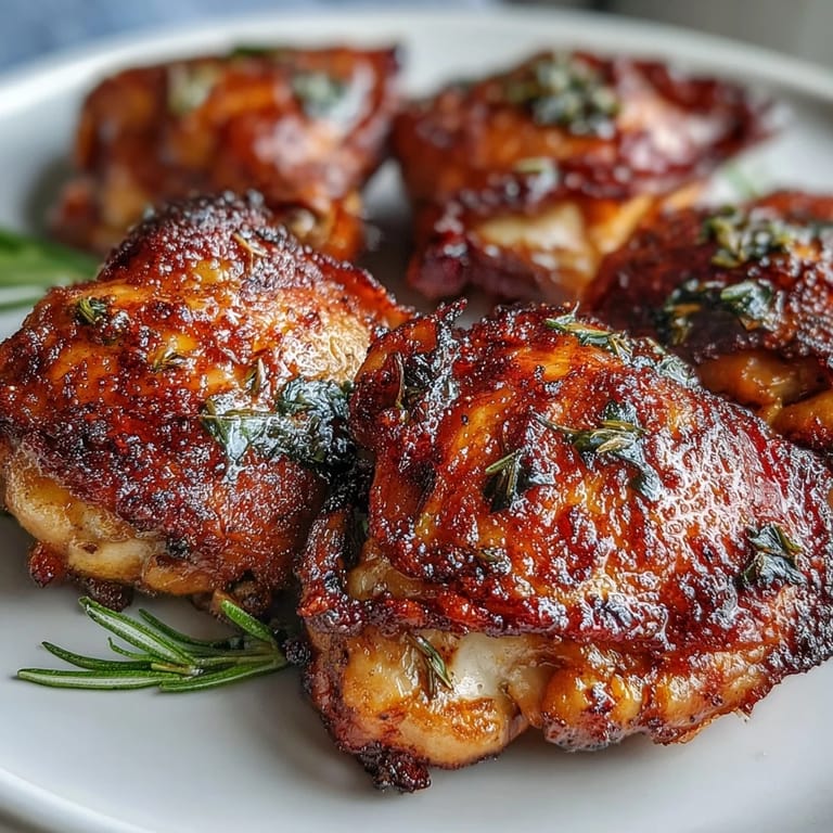 Close-up of Crispy Baked Bone-In Chicken Thighs showcasing golden, crackling skin and juicy dark meat on a platter.
