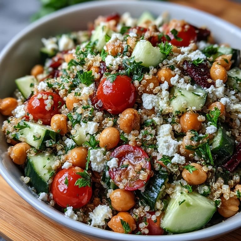 Close-up of a High Protein Quinoa & Chickpea Salad showing fluffy quinoa, diced vegetables, and creamy feta cheese with a glistening olive oil dressing.