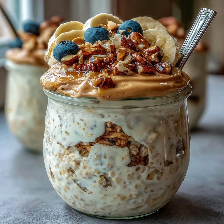 A creamy spoonful of the High-Protein Peanut Butter Overnight Oats reveals thick texture and vanilla notes, served in a rustic bowl.