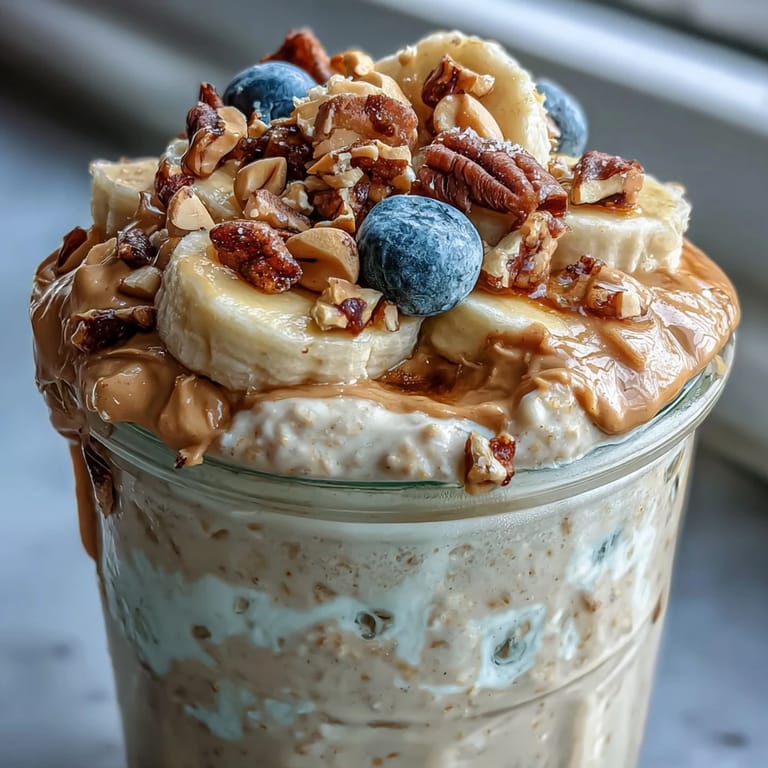 A jar of High-Protein Peanut Butter Overnight Oats sits on a marble counter with a drizzle of honey and fresh berries.