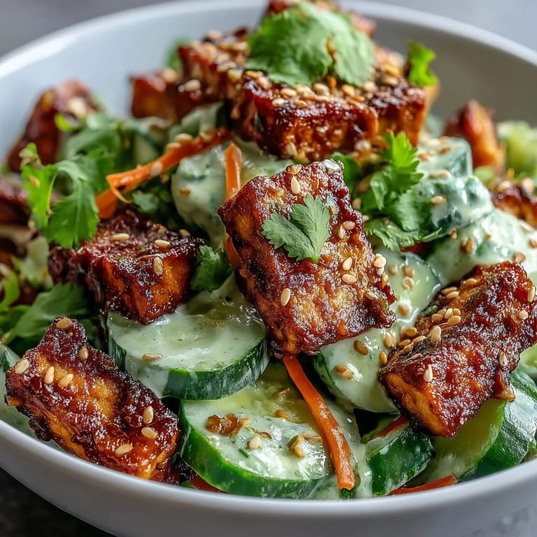 Fork holding a bite of the creamy Asian cucumber salad with crispy tofu, with lime wedges and chili oil nearby.