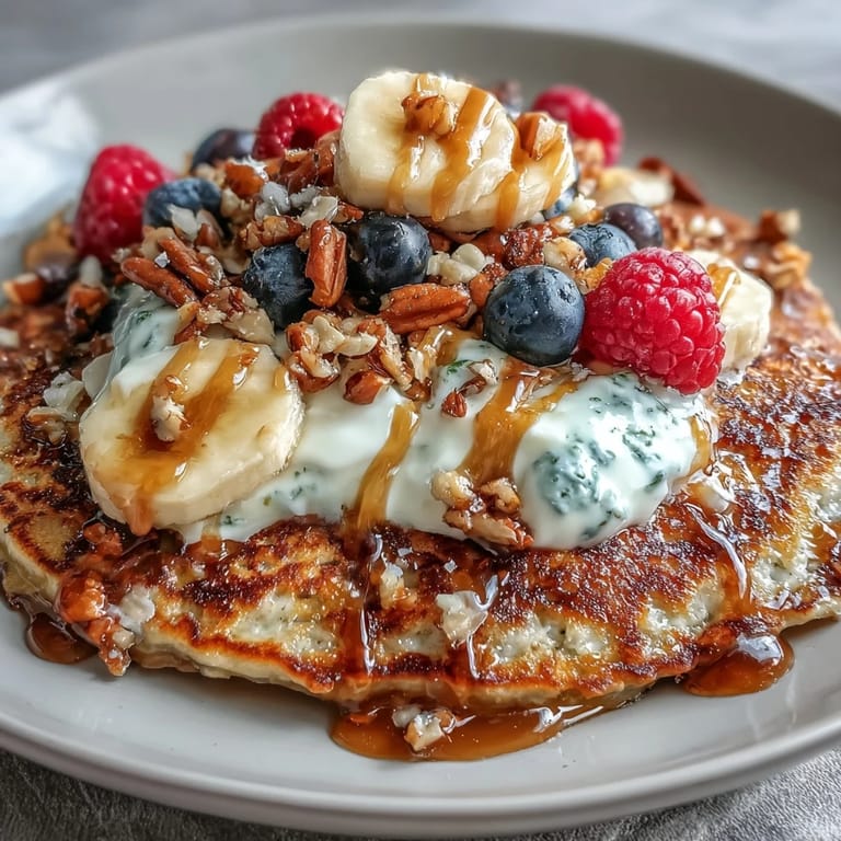 A close-up of a Protein Pancake Bowl featuring fluffy pancakes, sliced bananas, raspberries, and a drizzle of honey.