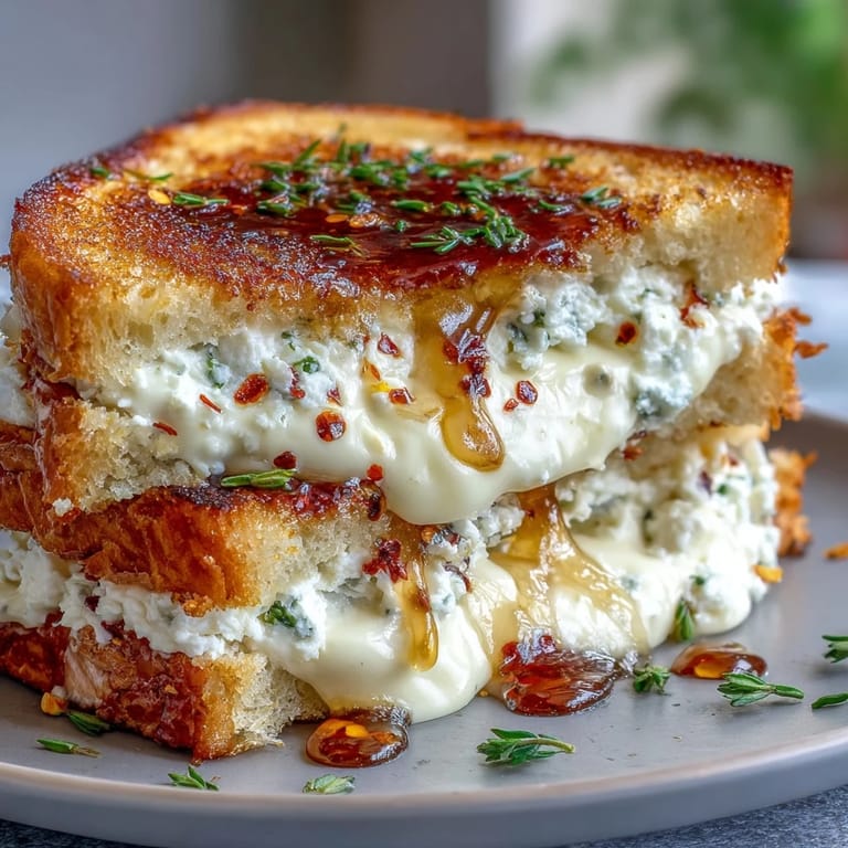 Melted chèvre and cream cheese filling oozing from goat cheese grilled cheese with honey and chili flakes on a rustic board.