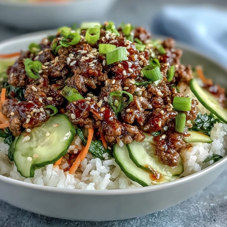 Close-up of Korean Ground Beef Bowl with saucy beef, fluffy rice, crunchy veggies, and kimchi on a rustic wooden table for a weeknight dinner.