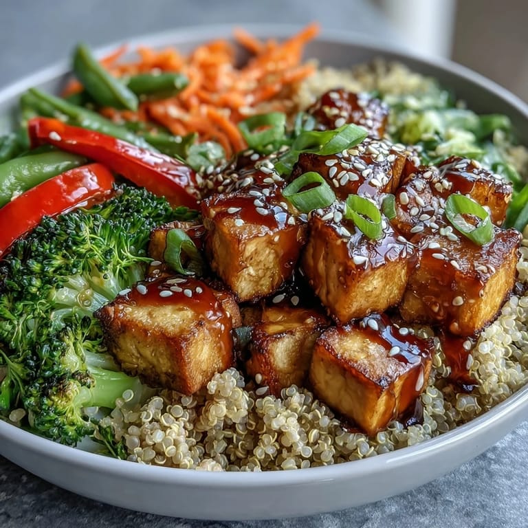 Vividly colorful stir-fried vegetables like red bell pepper and snap peas in a savory Quinoa Vegetable Teriyaki Bowl ready to serve.