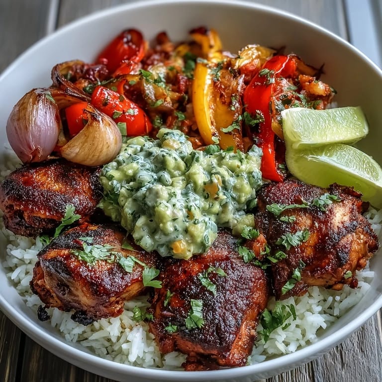 A vibrant Sheet Pan Chicken Tinga Bowl features smoky chipotle chicken, roasted veggies, and fluffy white rice.