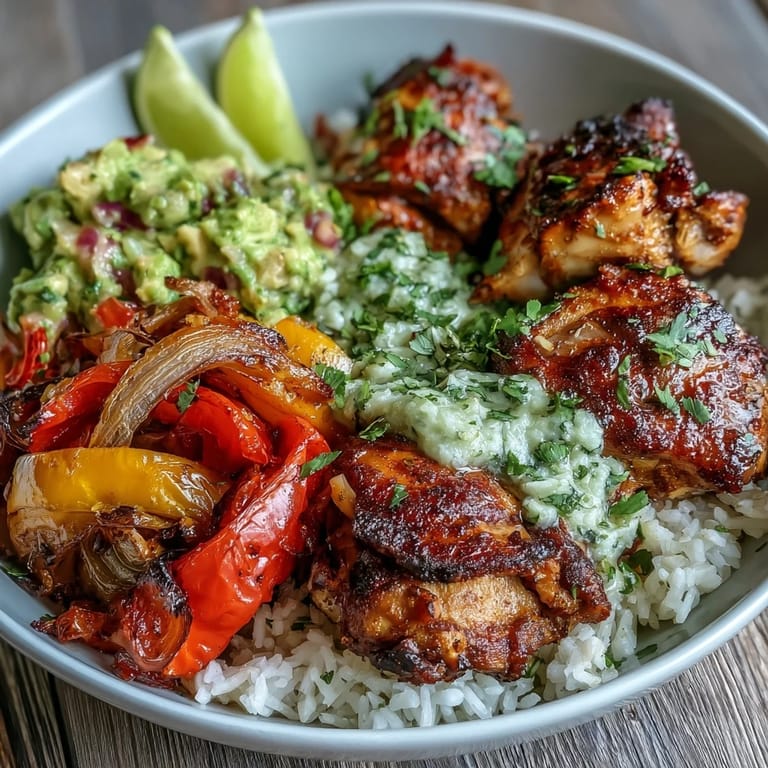 Close-up of a Sheet Pan Chicken Tinga Bowl topped with chunky avocado salsa and fresh cilantro.