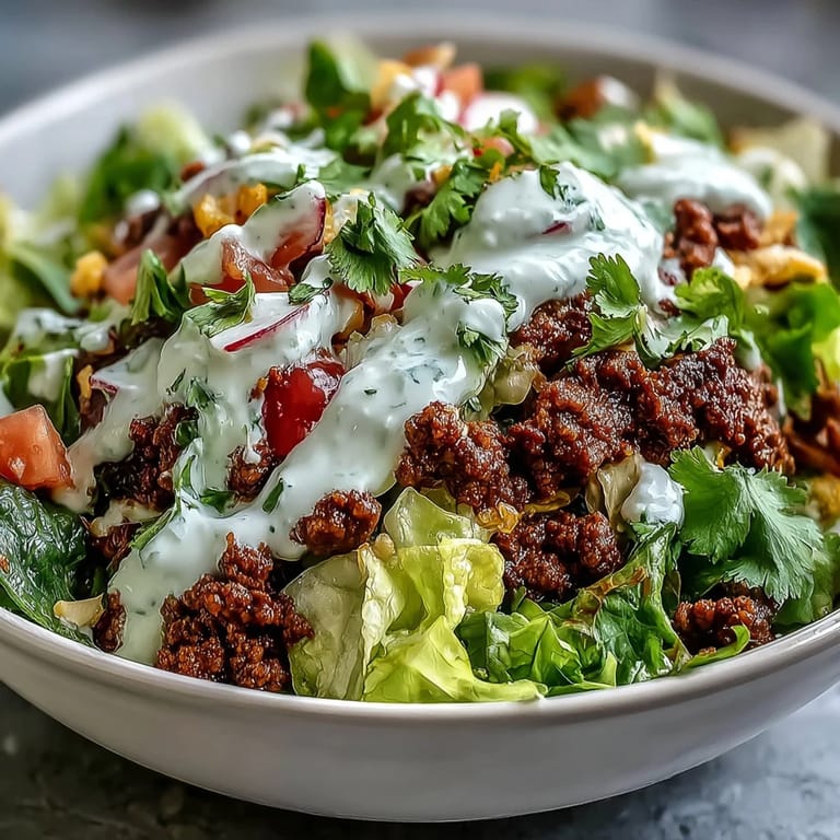 A close-up of a Healthy Taco Bowl drizzled with creamy lime yogurt crema and garnished with sliced avocado.
