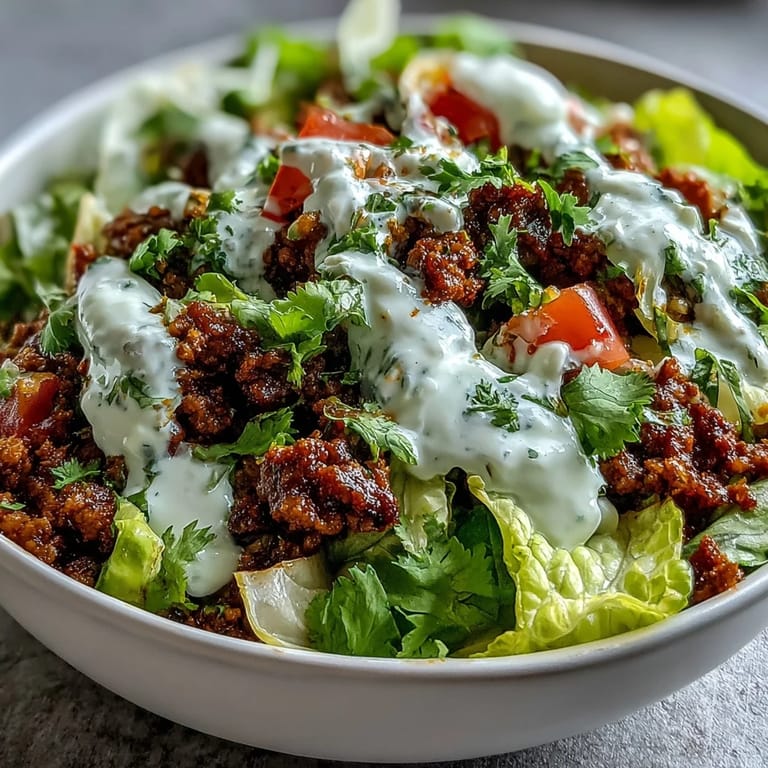Ready-to-serve Healthy Taco Bowl with colorful veggies, seasoned beef, and a dollop of zesty lime yogurt crema.