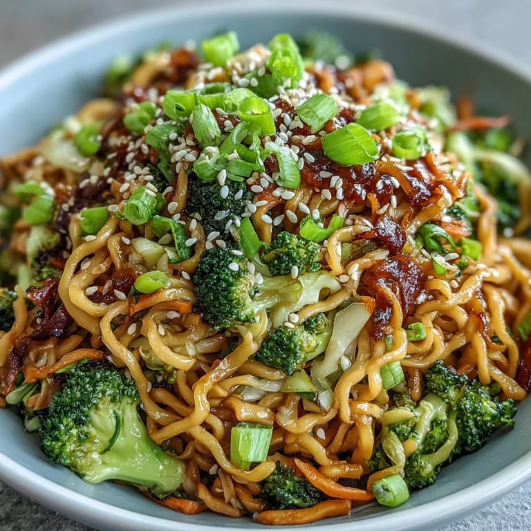 Serving suggestion of Asian Teriyaki Noodle Bowl topped with toasted sesame seeds and fresh green onions.
