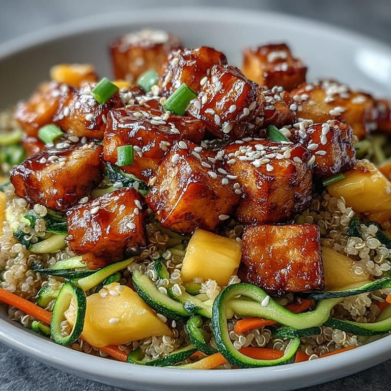 Fluffy quinoa supports crispy tofu and fresh spiralized vegetables in a vibrant, easy weeknight Easy Teriyaki Quinoa Bowl.