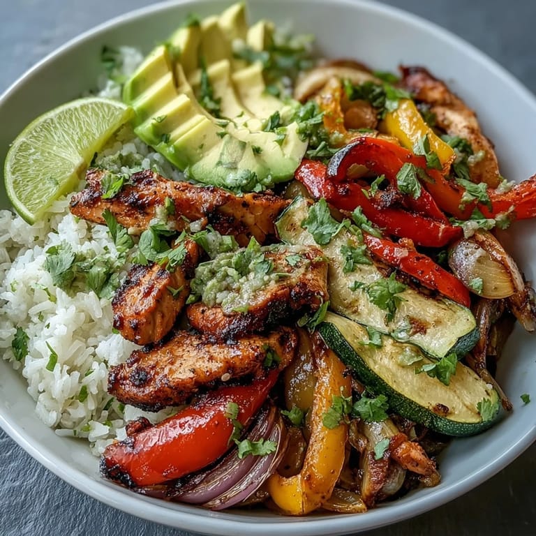 A close-up of a healthy Sheet Pan Fajita Bowl garnished with avocado, cilantro, and lime.