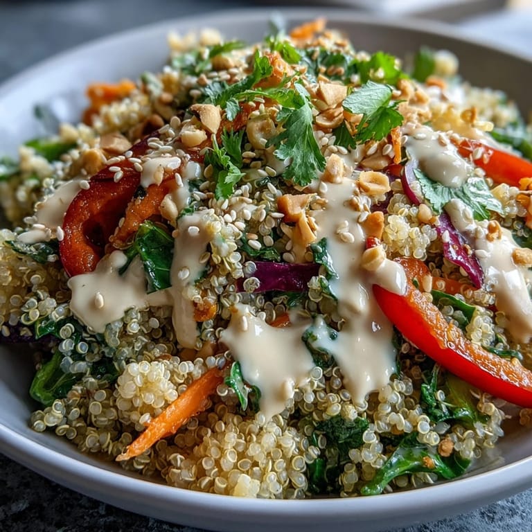 Close-up of Thai Coconut Quinoa Bowl with colorful vegetables and creamy peanut dressing drizzled.