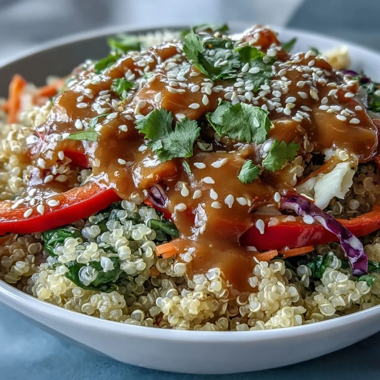 Healthy Thai Coconut Quinoa Bowl topped with crisp veggies, edamame, and peanuts for dinner.