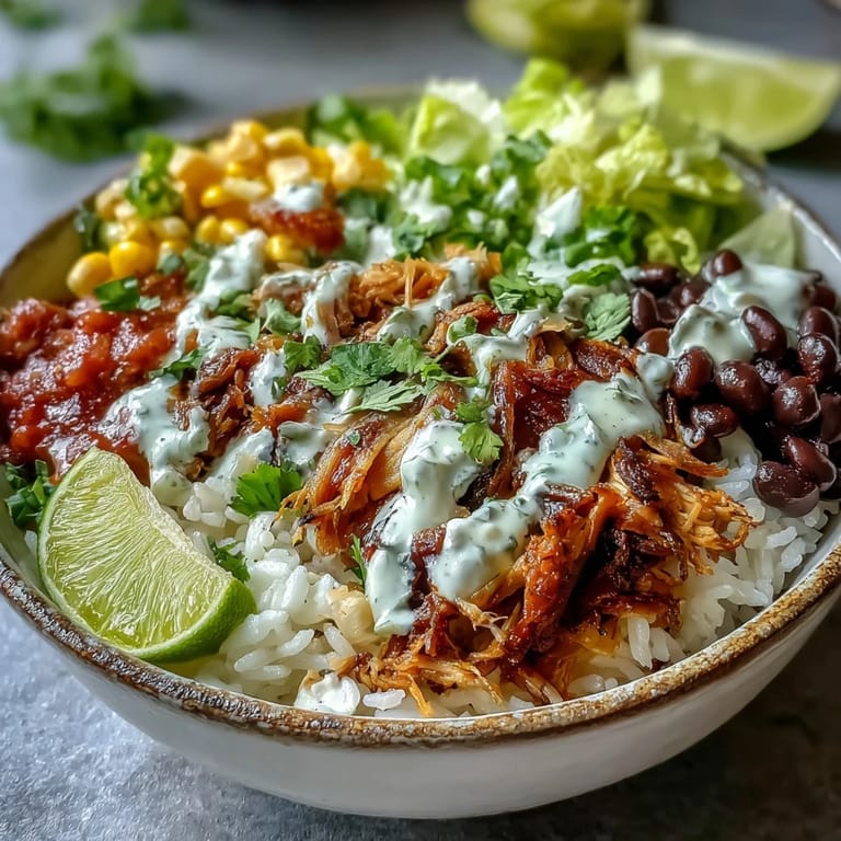 Glossy lime crema and bright red salsa dress this hearty Carnitas Burrito Bowl packed with shredded carnitas, beans, rice, and crisp lettuce.