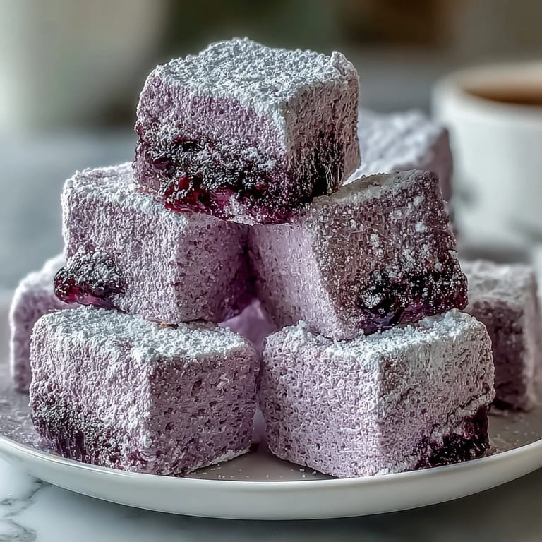 Sticky, sweet Black Currant Marshmallows stacked high and perfect for gifting or snacking.