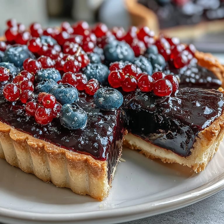 A sliced Black Currant Fruit Tart revealing layers of crisp pastry, vibrant curd, and fresh raspberries for garnish.
