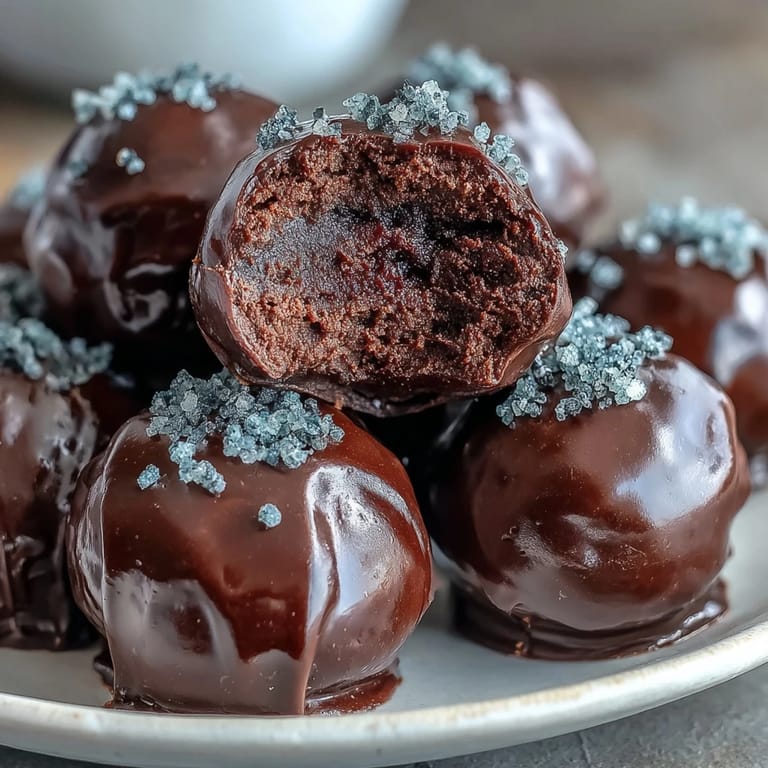 Indulgent Black Currant Chocolate Truffles with a glossy dark chocolate coating, served elegantly on a white ceramic plate.