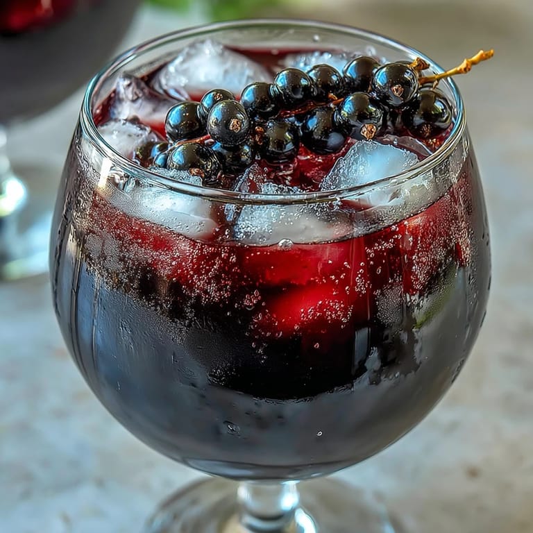 Black Currant and Cassis Cocktail in a stemmed glass, glistening with condensation, garnished with fresh blackcurrants, evoking a sweet-tart and refreshing flavor profile.