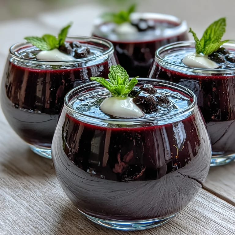 Close-up view of Black Currant Panna Cotta revealing its creamy purple layers and delicate, jiggly texture.